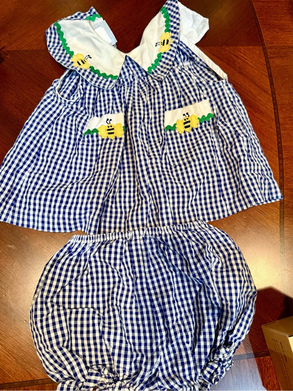 Vintage 1990 Blue Gingham Bee Applique Kids Dress Set -